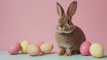 Cute Bunny Surrounded by Colorful Easter Eggs on Pink Background