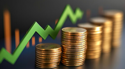Stack of Gold Coins with Upward-Trending Graph in the Background