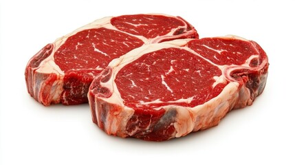 Fototapeta premium Two raw beef steaks on a white background. Rich red color, marbling visible. Studio shot, close up view.