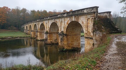 Fototapeta premium Historic stone bridge spanning a tranquil river surrounded by autumn foliage