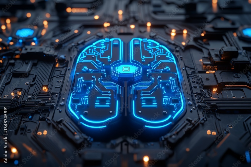 Poster Futuristic circuit board with glowing blue elements showcases advanced technology and design principles in electronic architecture