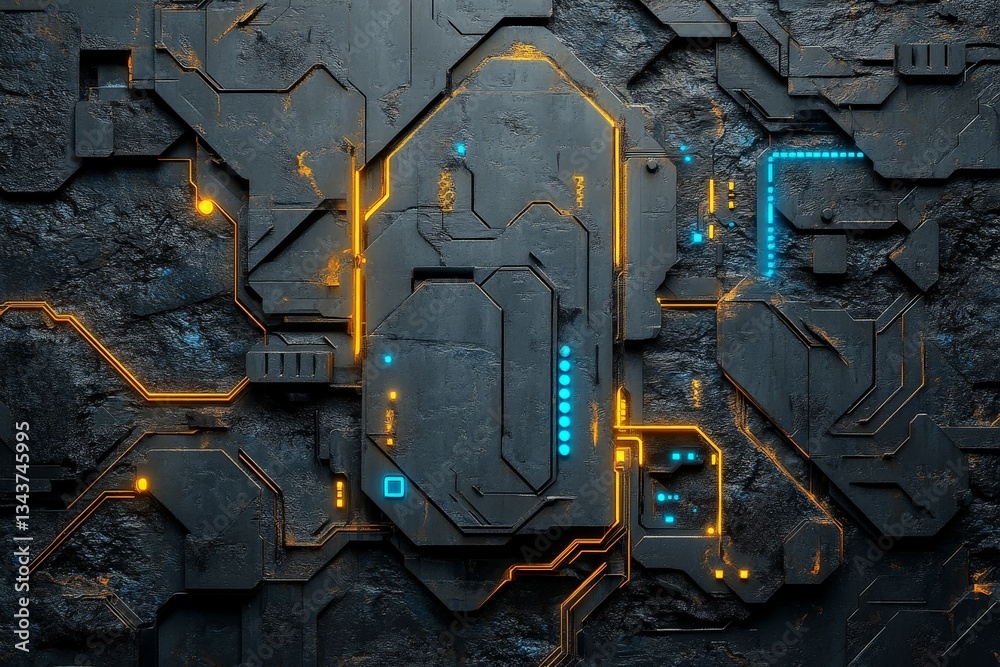 Poster Abstract circuit board design with glowing elements in dark background highlighting technology and innovation