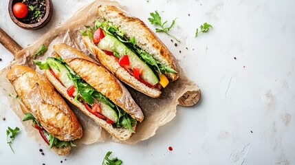 Three delicious sandwiches filled with fresh vegetables on a wooden board.