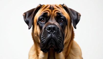 Large mastiff head shot, intense gaze, pure white backdrop, powerful dog, portrait, canine head