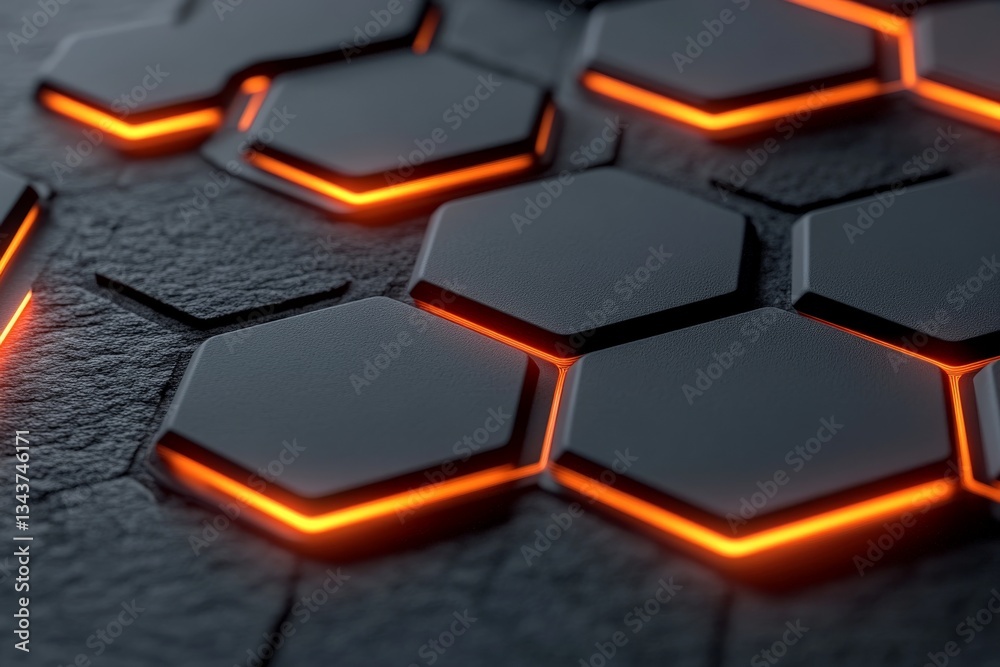 Aufkleber hexagonal metallic surface with glowing orange lines and textured black background in modern design
