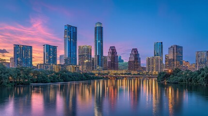 Obraz premium City skyline at twilight reflected in calm water. Warm sunset colors illuminate modern skyscrapers and lush green trees along the waterfront.