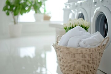 Modern white laundry room and full laundry basket Generative AI