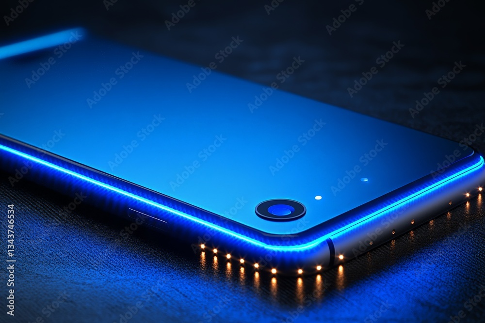 Poster high-tech smartphone illuminated with vibrant blue lights in an artistic display at night