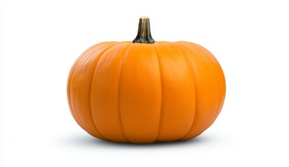 Obraz premium Vibrant orange pumpkin with vertical ridges, set against a stark white background. The pumpkin is centered and well lit, showcasing its smooth texture and rich color.