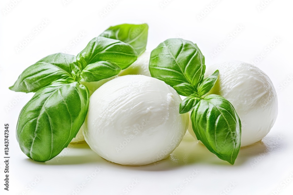 Poster fresh mozzarella balls with vibrant basil leaves arranged on a clean surface for culinary delight an