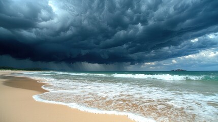 Dramatic stormy sky over beach, heavy rain, ocean waves crashing on the shore