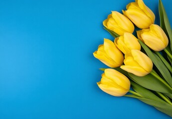 Obraz premium Yellow tulips with green leaves arranged on a blue background. The image features a vibrant color contrast and copy space.