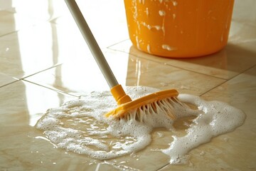 Mop cleans up soapy water on white tile floor Generative AI