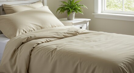 Bedroom Interior with Bed Nightstand and Green Plant for Relaxation