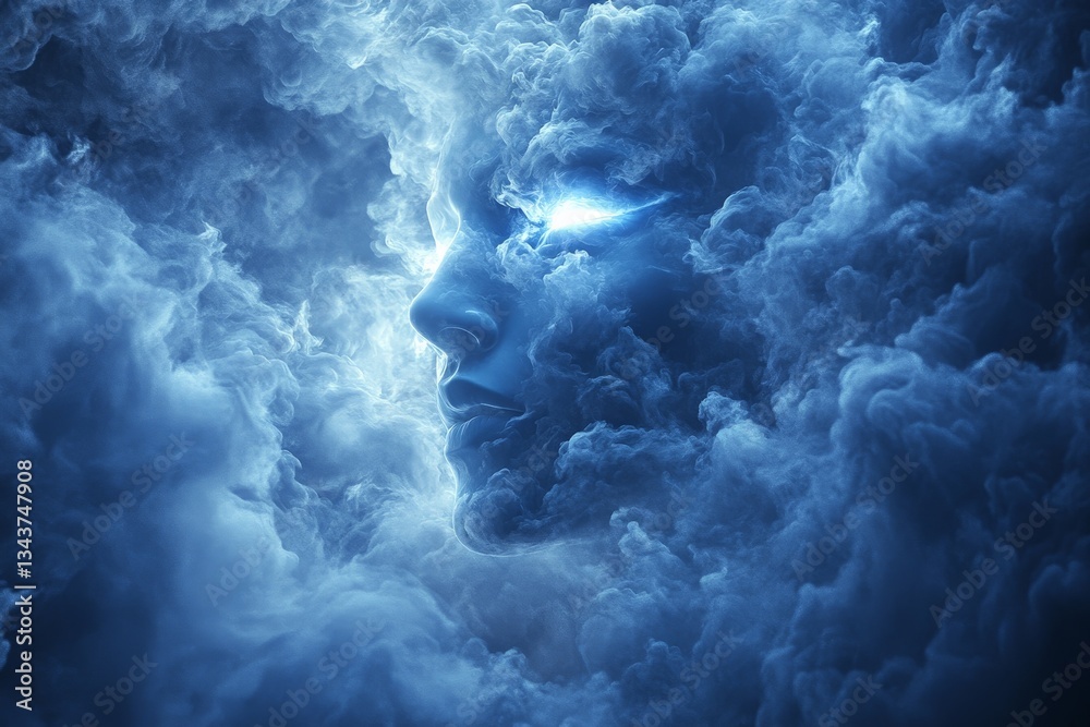 Poster dreamlike face emerging from swirling clouds at twilight in a mystical atmosphere