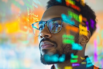 A focused man in glasses with digital code overlay