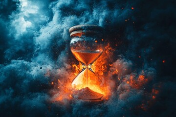 Hourglass glows amidst swirling flames and smoke, representing the passage of time and life's intensity