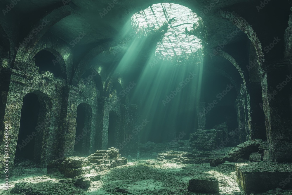 Aufkleber Sunlight filtering through a ruined structure creates an otherworldly atmosphere in an ancient underwater site