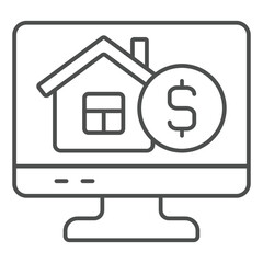 Monitor screen with coin and house thin line icon, housing market concept. Vector graphics. Display with money, building sign on white background, outline style icon for mobile or web design.