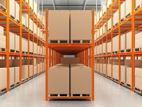 A spacious warehouse interior with organized shelves stacked with boxes, showcasing an efficient storage system.