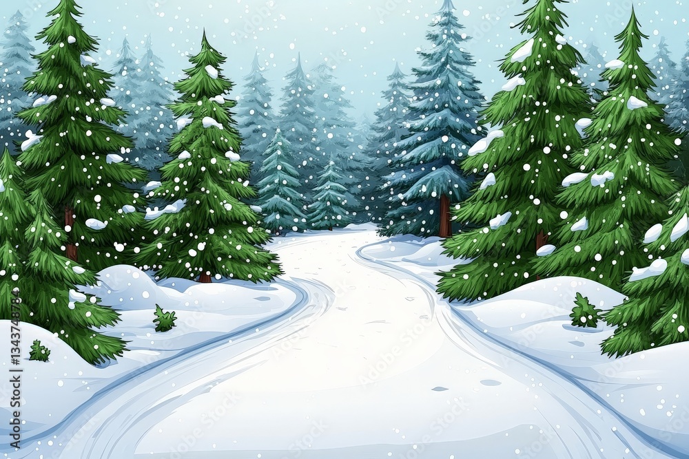 Aufkleber peaceful winter landscape with snow-covered path through evergreen trees in a serene forest setting