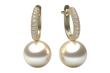 A pair of pearl earrings with gold hoops and diamonds on a whites background