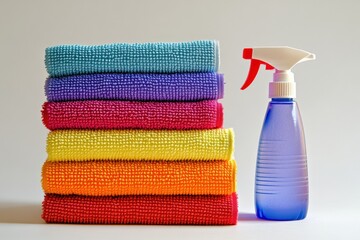 Neatly folded stack of colorful microfiber cloths with spray bottle Generative AI