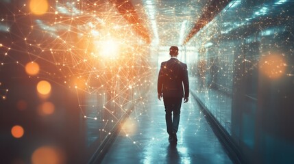 Businessman walks in corridor surrounded by data network connections