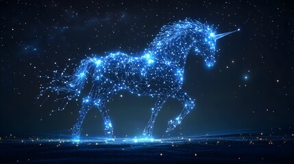 A luminous unicorn strolls under a starry night sky. Digital art, magical, and serene. Animal star constellation. Sky zodiac horoscope background