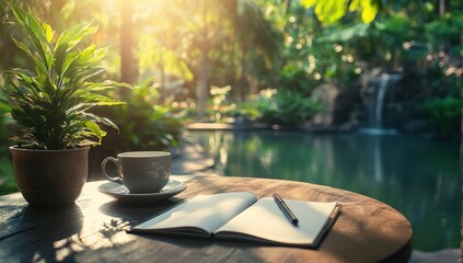 Peaceful Morning: Coffee, Journal, and Serene Garden View