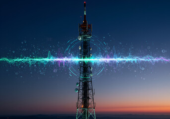 A futuristic telecommunications tower illuminated by colorful digital waves and nodes, symbolizing seamless data connectivity and advanced communication technology