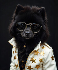 A black poodle wearing black sunglasses and a white jacket with gold stars on a dark background