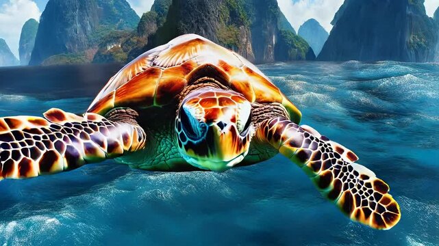 tortuga sobrevolando el mar con unas monta&ntilde;as de fondo