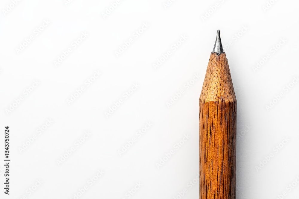 Poster detailed close-up of a sharpened wooden pencil resting at an angle on a blank white surface