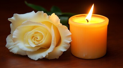 Fototapeta premium A white rose and a burning candle sit close together