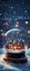 Winter village scene inside snow globe magic