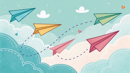Creative Brainstorming Visuals: Floating Colorful Paper Airplanes Isolated on Pastel Background

