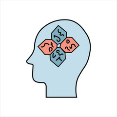 A stylized illustration depicts a head in profile with chip inside, each containing a different letter, symbolizing mental processes or cognitive functions.