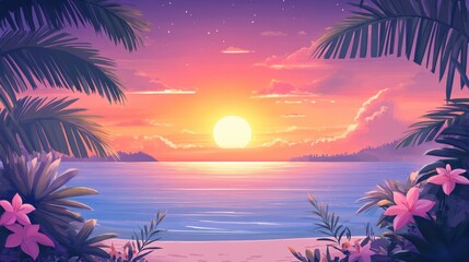 Obraz premium Serene Sunset Over Calm Tropical Beach with Vibrant Colors and Flora