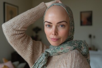 A strong, bald woman undergoing cancer treatment, flexing her right arm in a strong, inspiring pose. Accelerate Action campaign pose.