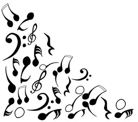 A corner arrangement of black musical notes and symbols. Graphic design decorative element set against transparent background.