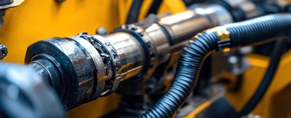 Close-up of Industrial Machinery: Intricate Metal Components and Hoses