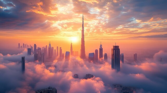 City skyline above clouds at sunset - Powered by Adobe