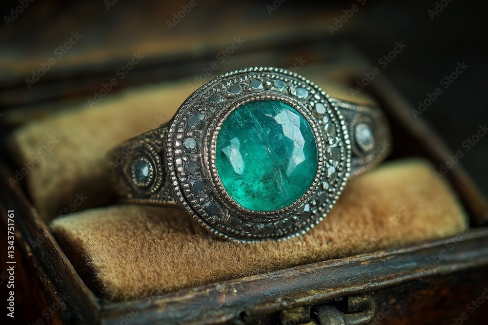 Poster Exquisite antique ring with a large emerald and intricate silver detailing displayed on a soft fabric cushion