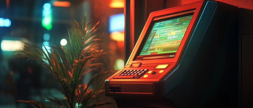 A retro computer with a green screen in a dark room, perfect for technology articles, nostalgic reviews and retro games.