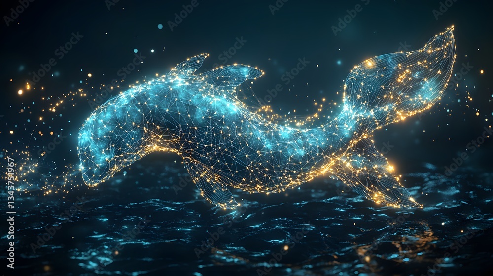 Poster stunning digital art depicting a dolphin leaping from the ocean, rendered with glowing lines and spa