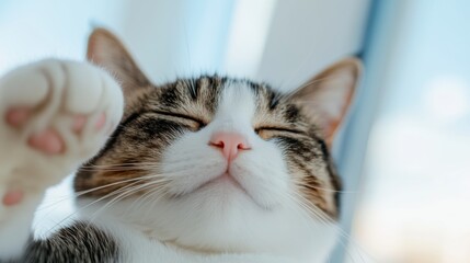 Fototapeta premium Close up of a tabby cat with white chest, paws raised, eyes closed in peaceful slumber. Soft, diffused lighting accentuates the cat's fur texture and pink nose.