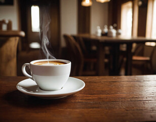 Fototapeta premium Steaming Coffee in White Cup on Wooden Table