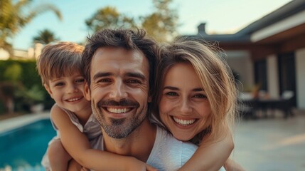 A family by the pool in the backyard of a home is great for real estate advertising, family vacations, landscaping articles and summer fun.