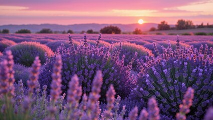 Naklejka premium Endless rows of lavender glowing under warm sunset light, soft pink and orange hues in the sky
